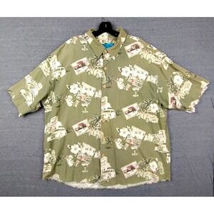 Paradise Blue Mens Shirt 2XL Green Silk AOP VTG Car Cabana Resort Retro‎ Grandpa